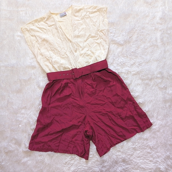Vintage Pants - 80s Vintage Scarlett Dark Pink & Cream Colorblock Belted Romper 13-14